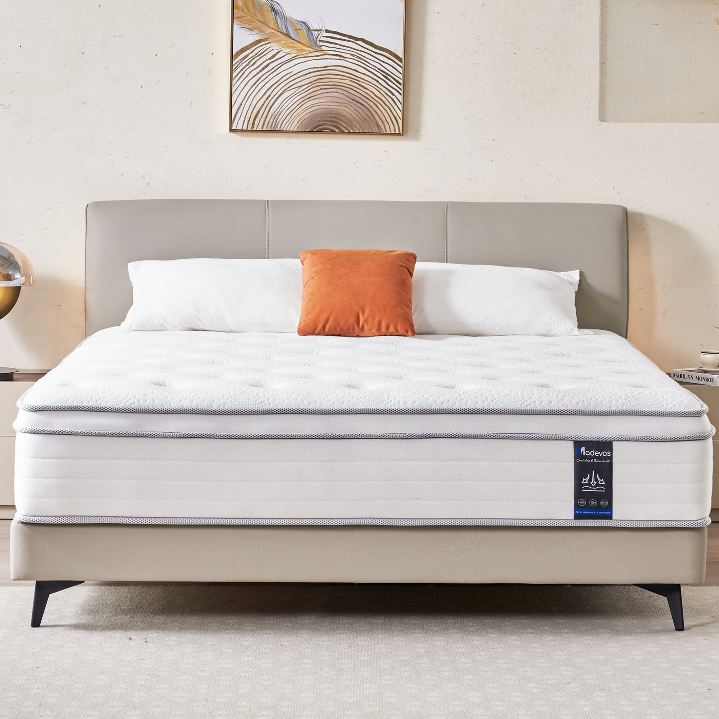 Madevos Queen Mattress, Hybrid Mattress in a Box, Memory Foam and Individual Pocket Springs, Fiberglass Free, Soft and Breathable, Medium Firm Feel