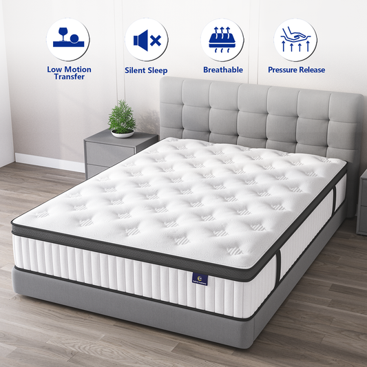 Madevos Queen Mattress, Hybrid Mattress in a Box, Memory Foam and Pocket Springs, Fiberglass Free, Soft and Breathable, Medium Firm Feel